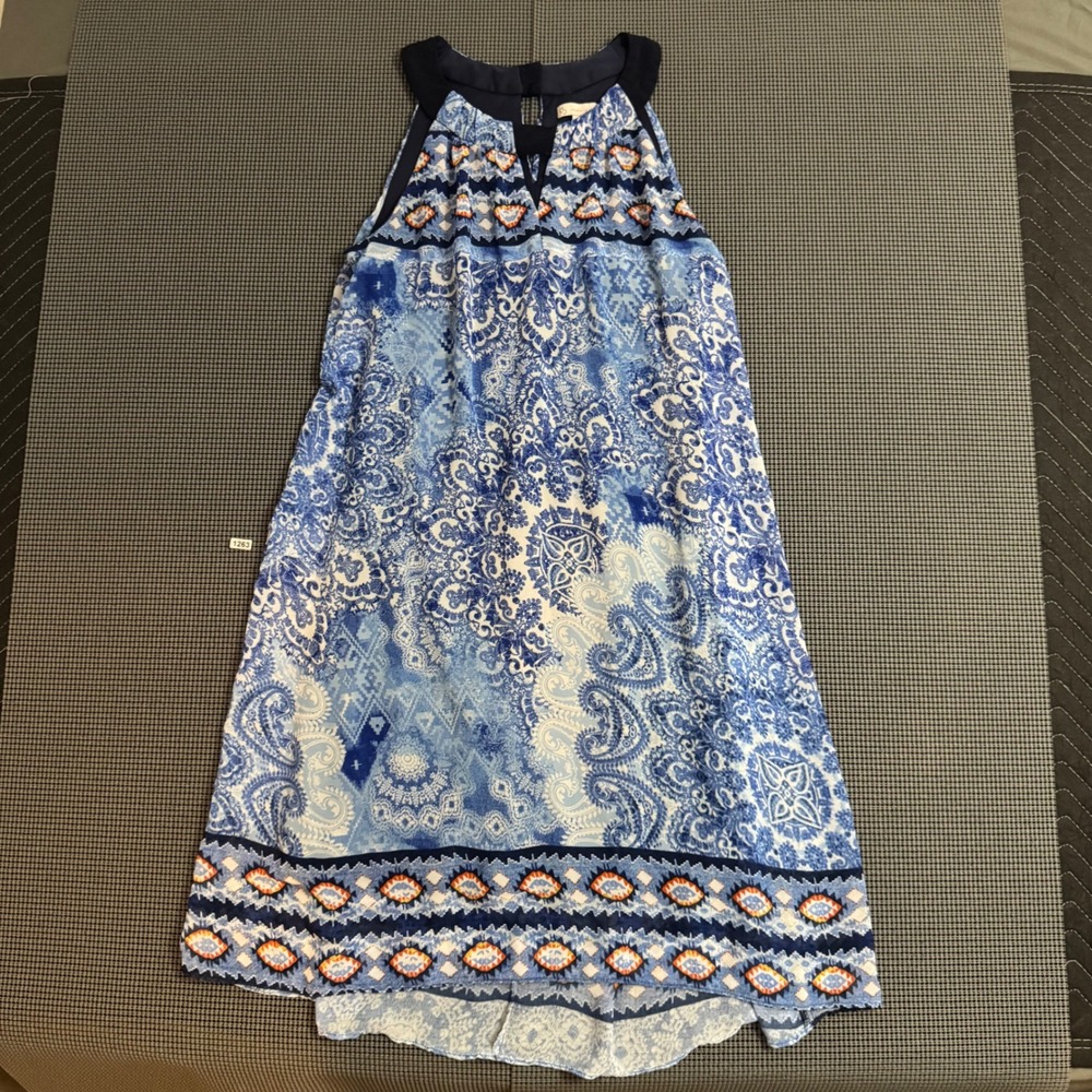 Dress Barn Blue White Paisley Halter Neck Shift Dress Womens 12 Boho High Low
